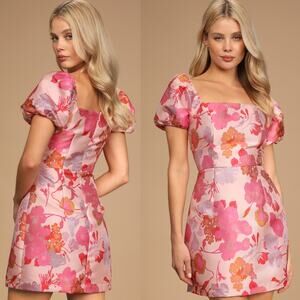 NWT Lulus So Stunning Orange Multi Floral Jacquard Puff Sleeve Mini Dress Sz S